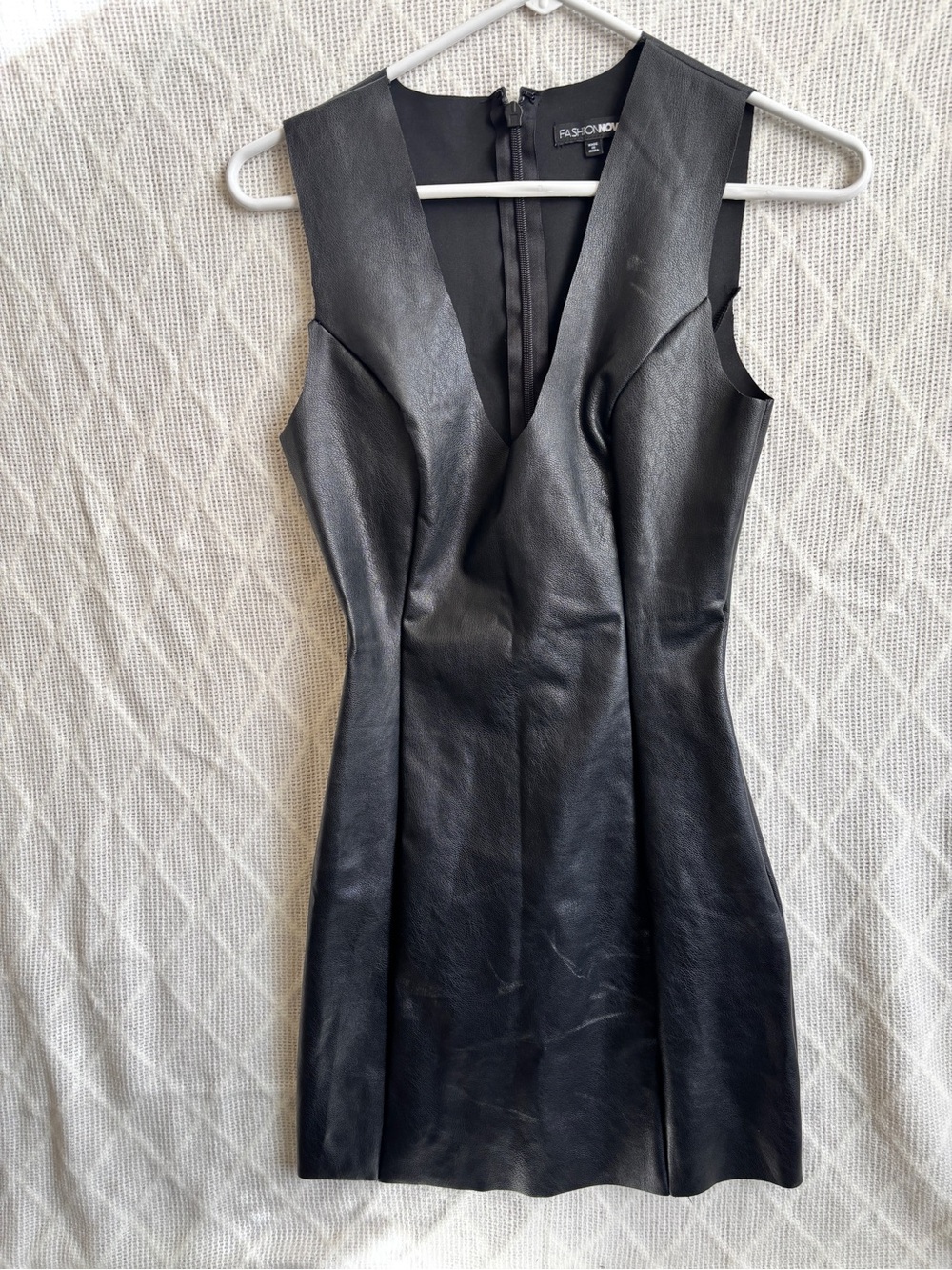 Fashion Nova Black Faux Leather V-Neck Mini Dress